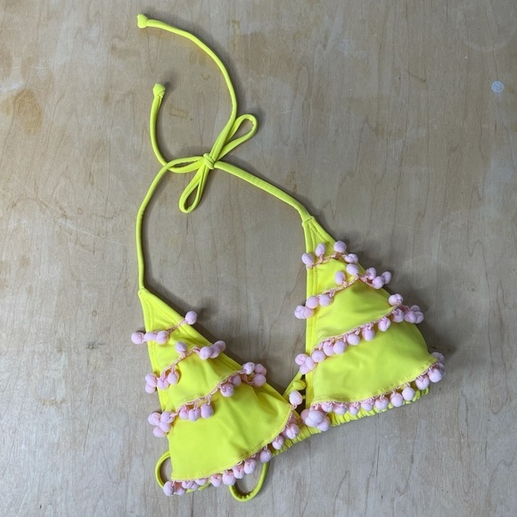 PILYQ Yellow Pom Pom Triangle Bikini Top Womens M - Picture 2 of 8